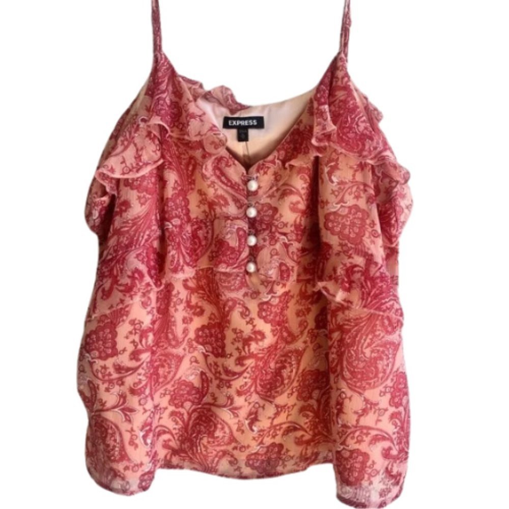 EXPRESS Adjustable Strap Pink Paisley Tank Top with Pearl Details NWT Women’s XL - Picture 1 of 12